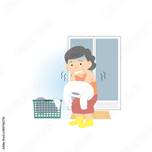 寒い脱衣所で震えるシニア女性のイラスト｜ヒートショック注意