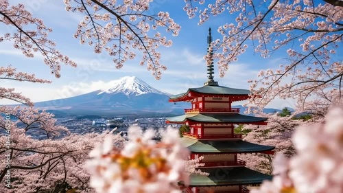 Pagoda and Mount Fuji with blooming cherry blossoms. 4k videos
