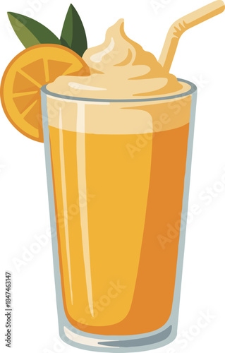 Mango lassi glass cartoon vector illustration with whipped cream and orange slice