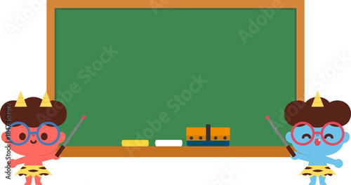 黒板で説明する眼鏡の赤鬼と青鬼のイラスト