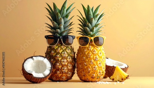 A fresh splash of organic pineapple juice beside a ripe tropical cocktail featuring sweet yellow fruit and green leaves isolated on a white background for a healthy exotic dessert