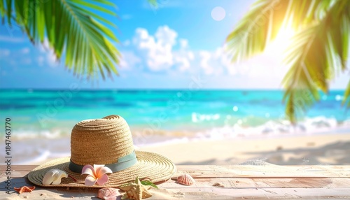 Fototapeta Naklejka Na Ścianę i Meble -  A tropical beach paradise landscape features a serene island coast with palm trees, white sand, and a clear blue ocean view under a sunny sky with soft clouds at the summer horizon