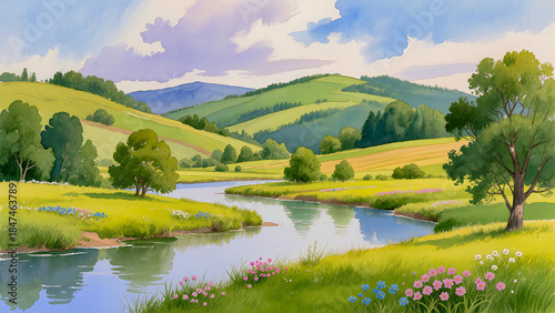 Watercolor illustration of a girl in a blue dress sitting by a river in a flowering meadow