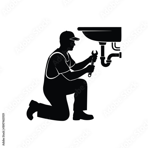 Plumber fixing sink isolated on white background, Vector, illustration