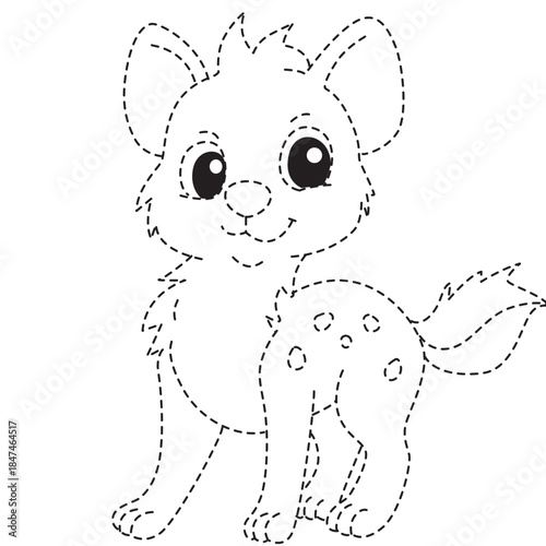 Dotted spotted pup line art with wagging tail ideal for birthday cards, nursery prints, and playful illustrations.