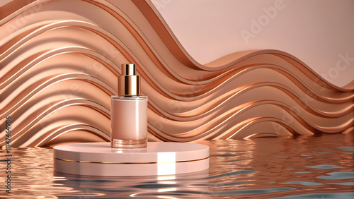 Rose gold liquid waves backdrop with cosmetic bottle on podium over water full hd 4k stock image download