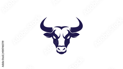 A minimalist dark blue bull head logo with horns on a white background, representing strength and power