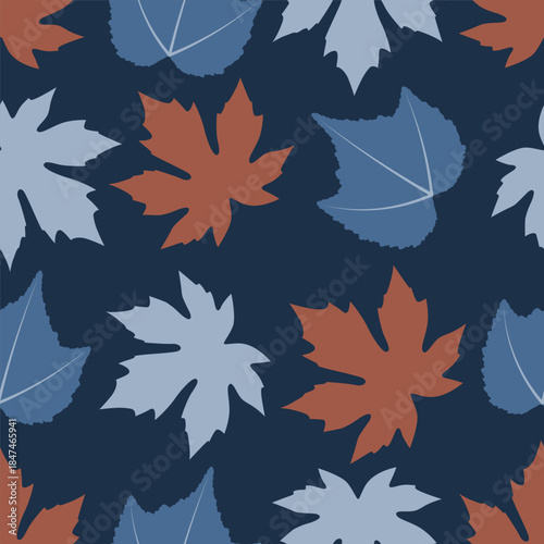 Stylized seamless autumn leaf pattern in serene blue and warm terracotta hues on a deep navy background, versatile for seasonal textile and digital use