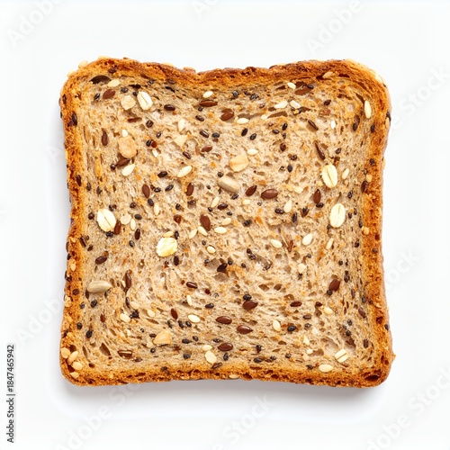 Macro shot of multigrain seeded bread slice on a clean white background