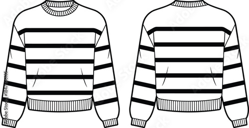 Unisex Oversized Striped Knit Sweater Technical Fashion Flat Sketch Template, Featuring Crew Neckline, Dropped Shoulders, Long Sleeves, and Ribbed Hem and Cuffs, Front and Back View Outline Drawing.