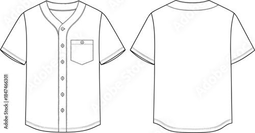 Unisex Short Sleeve Baseball Jersey or Shirt Technical Fashion Flat Sketch Template, Featuring V-Neckline, Button Placket, Chest Patch Pocket, and Curved Hem, Front and Back View Outline Drawing.