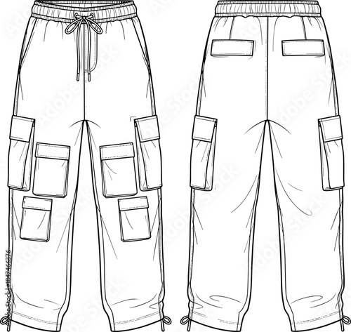 Wide Leg Cargo Pants Technical Fashion Flat Sketch Template, Featuring Drawstring Elastic Waistband, Adjustable Hem Cords, Multiple Utility Pockets, and Loose Fit, Front and Back View Outline Drawing.