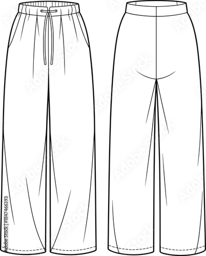 Wide-leg pants front and back view, elastic waistband, drawstring tie, side pockets, relaxed fit, fashion sketch, garment template, apparel design, illustration