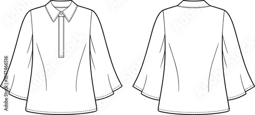 Women's blouse technical flat, fashion vector sketch, apparel design template. Garment mock-up. Front and back view, three-quarter flare sleeve, shirt collar, zip placket.