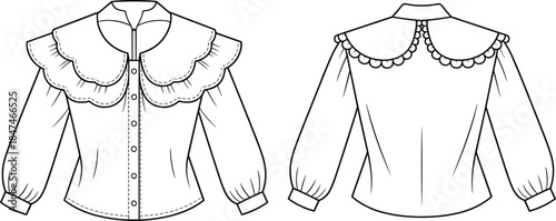 Women's blouse technical flat, fashion vector sketch, apparel design template. Front and back view, long bishop sleeve, romantic double ruffle collar, scalloped edge.