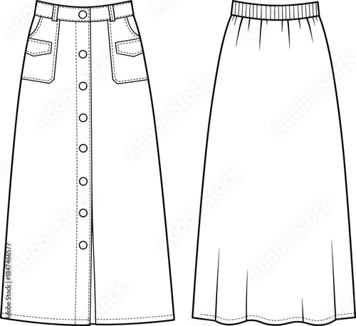 Women's Button-Front A-Line Maxi Skirt Technical Fashion Flat Sketch Template, Featuring Patch Pockets, Waistband and Belt Loops, Front and Elasticized Back View Outline Vector Illustration.