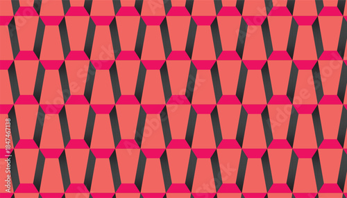 Abstract seamless geometric pattern with pink and coral 3D tiled shapes