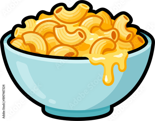 Cheesy Macaroni in Blue Bowl – Delicious Creamy Mac and Cheese Cartoon Vector Food Illustration