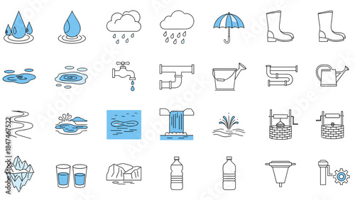 Collection of blue water icons and symbols