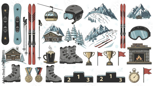 Skiing and snowboarding elements set