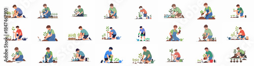 Vector set of young gardeners planting trees and seedlings, engaging in spring gardening, environmental conservation, and farming activities.