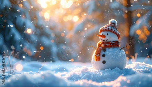 Snowman On Snow In Winter Forest With Snowfall In Defocused Landscape And Abstract Lights
