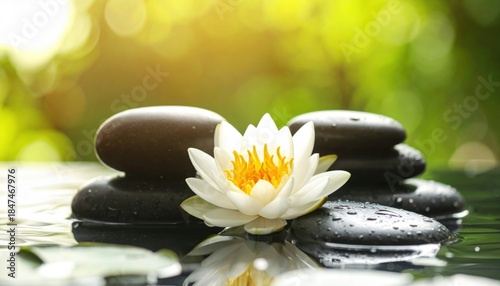 Spa - Natural Alternative Therapy With Massage Stones And Waterlily In Water