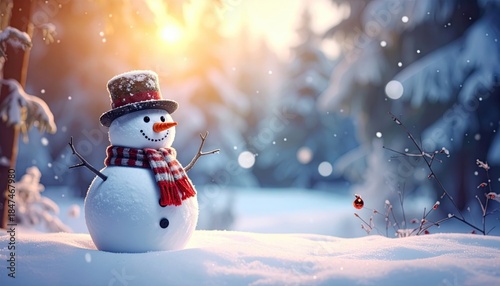 Snowman On Snow In Winter Forest With Snowfall In Defocused Landscape And Abstract Lights