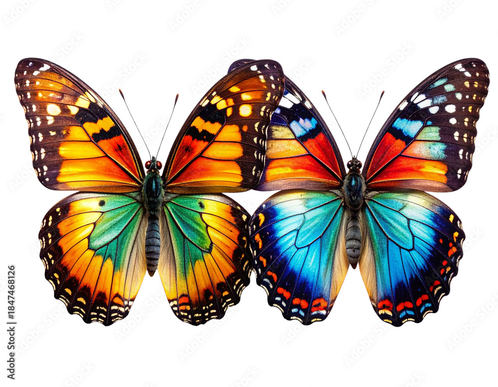 Fototapeta premium - Pair of colorful butterflies side-by-side, detailed wings, isolated on white 
