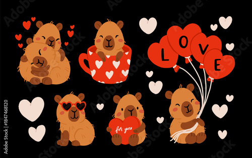 Cute Valentines Day capybara clipart set with heart balloons, romantic letters, capybara in gift box, kawaii animals with hearts, love messages and presents, characters for cards, stickers and print