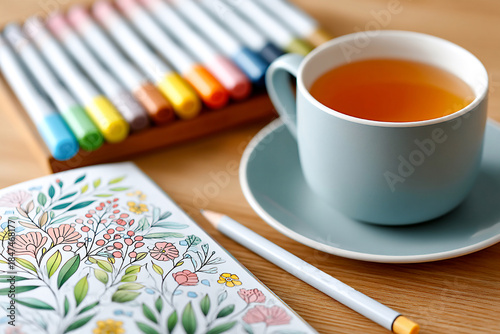 Creative workspace with markers, a cup of tea, and a sketchbook in bright colors Generative AI