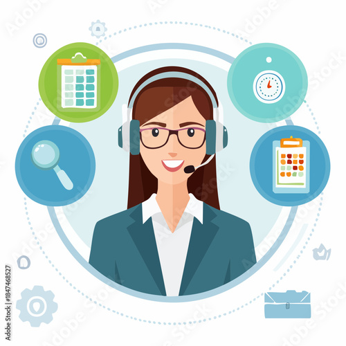 Illustration of a customer service representative wearing a headset with icons representing various support tools around her head.