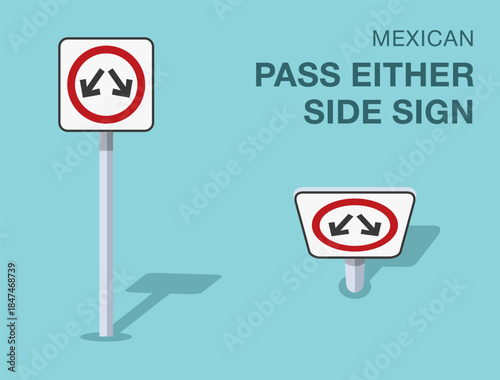 Traffic regulation rules. Isolated mexican "pass either side" road sign. Front and top view. Flat vector illustration template.
