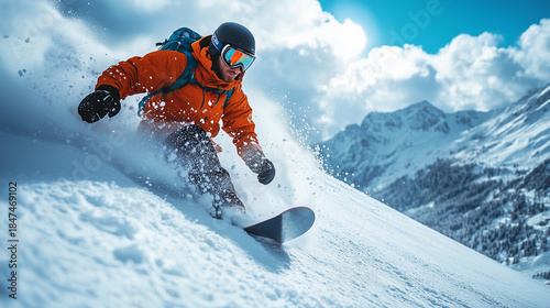 Snowboarder slides at ski slope. Man snowboarder riding on slope.