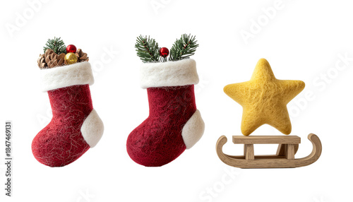 Red Stocking and Sled Needle Felt Christmas Decoration Set