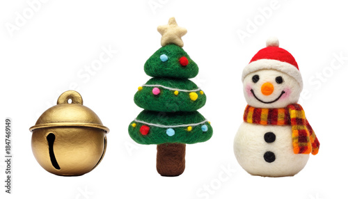 Needle Felted Snowman and Christmas Tree Wool Ornaments