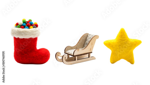 Red Stocking and Sled Needle Felt Christmas Decoration Set