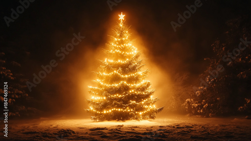 Christmas tree in forest. Christmas tree in snow covered pine woods at night