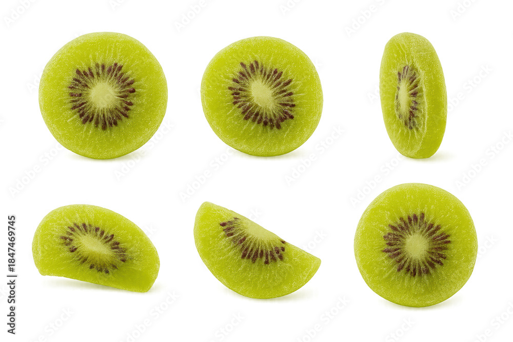 Fototapeta premium Bright green kiwi slices arranged in various cuts on transparent background