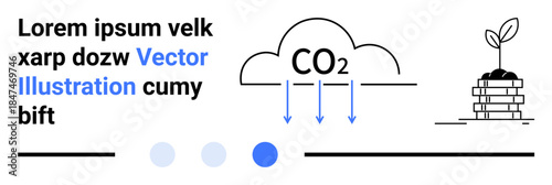 CO2 cloud with arrows pointing downward, small plant growing on soil layers. Ideal for sustainability, environment, carbon neutrality, renewable energy, climate change, eco-friendly education, simple