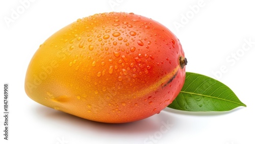 Fresh ripe mango with water droplets and green leaf on white background