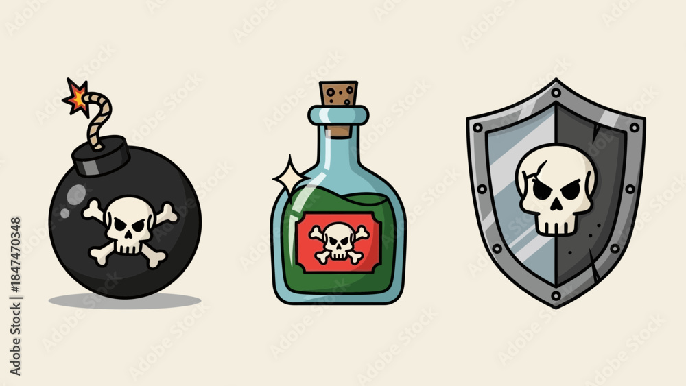 Obraz premium An illustration shows a bomb, poison bottle, and shield with skulls in a graphic design.