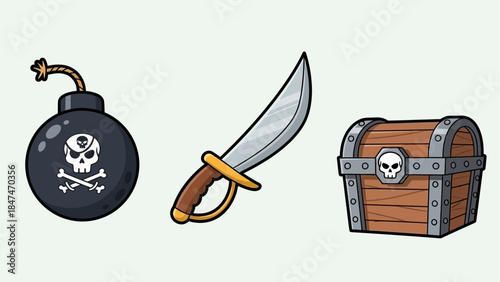 An illustration of a bomb, knife, and treasure chest with pirate symbols on a plain background.