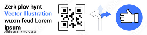 Digital marketing, navigation, feedback, QR code usage, decision-making, approval system. A QR code, directional sign and thumbs-up icon. Digital marketing and navigation concept