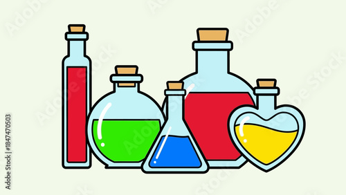 Chemicals in glass bottles and flasks on a table in a laboratory setting closeup.