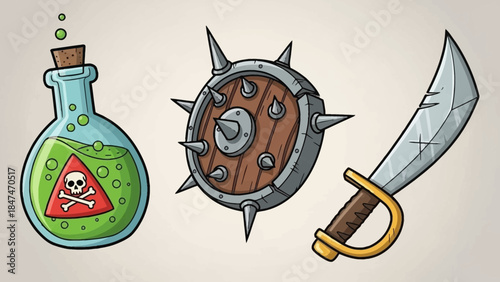 Cartoon illustration of a poison bottle, spiked shield, and sword on a neutral background.
