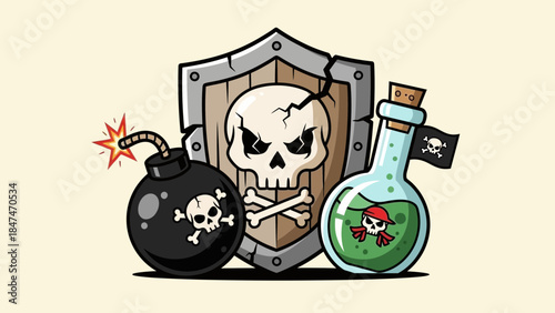 A cartoon illustration of a bomb, shield with skull, and poison bottle with flag.