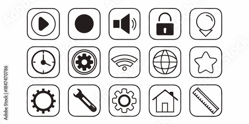 Collection of user interface icons representing common digital actions and system settings, including play, lock, clock, and Wi-Fi