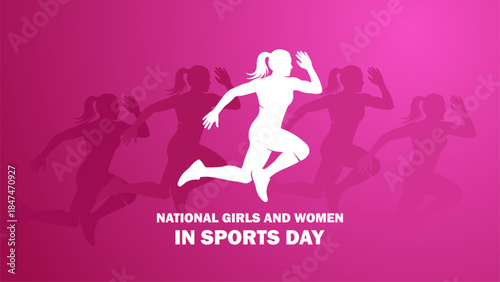 Celebrating National Girls and Women in Sports Day. Illustration of women and girls running on a pink background,, symbolizing female empowerment and athleticism.