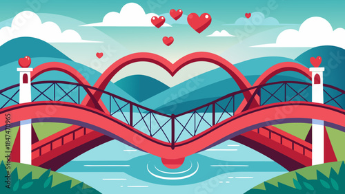 Heart-shaped bridge over scenic landscape